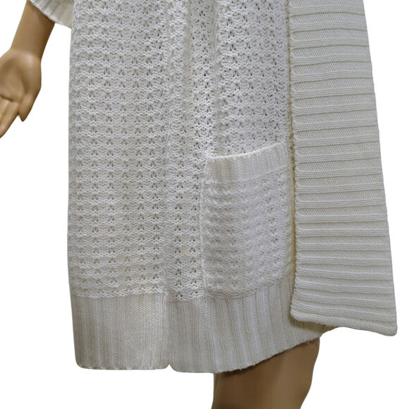 1990s Knit Wool Cardigan Cream Long Boho Open Front Short Sleeve Sweater Size L - Picture 6 of 10